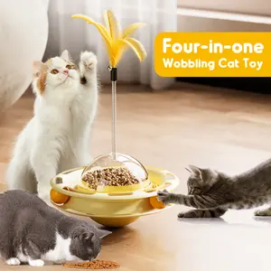 Cat Toys Interactive Track Balls,4 in 1 Cat Roller Toy for Indoor Cats,360° Rotating Slow Cat Treats&Food Dispenser Supplies Leakage Device,Fluttering Feather Toy,Track Ball,Solve cat Anxiety and Attract Cats gadget to Play,Christmas gift M silver  vine