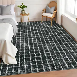 3x5 Runner Rug Washable Non Slip Kitchen Rugs Geometric Checkered Print ， Modern Throw Carpet for Home Office, Black