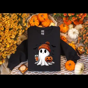 Beanie Boo Coffee Halloween Design with Ghost in Orange Beanie and Pumpkin Graphic Black Crewneck