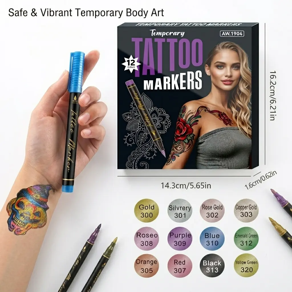 12-Colors / 24-Colors Flexible Brush Tip Body Paint Pens Set - Washable Temporary Tattoo Markers for Face & Body Painting, Festival Makeup, Halloween, Kids & Adult DIY Body Art