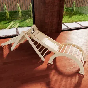 Pikler Triangle Set of 4, Wooden Montessori Climbing Set for Toddlers Ages 2-8, Indoor Jungle Gyms with Arch, Ramp, Ladder and Climbing Net, Natural