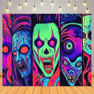 1pc Durable 2D Flat Glow-in-the-Dark Blacklight Horror Face Backdrop - 39.3X59 Inch / 100Cmx150cm Polyester, Glam Trippy Skull Design, Indoor Party Decor for Photo Booths (No Power Needed)