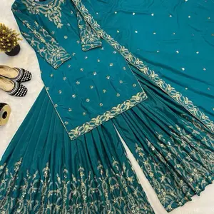 Women's Blue Sharara Crepe Set Wedding Party Wear Indian Suit Heavy Karvachauth MF-467 Pure Crep Silk with Moti Work Embroidery
