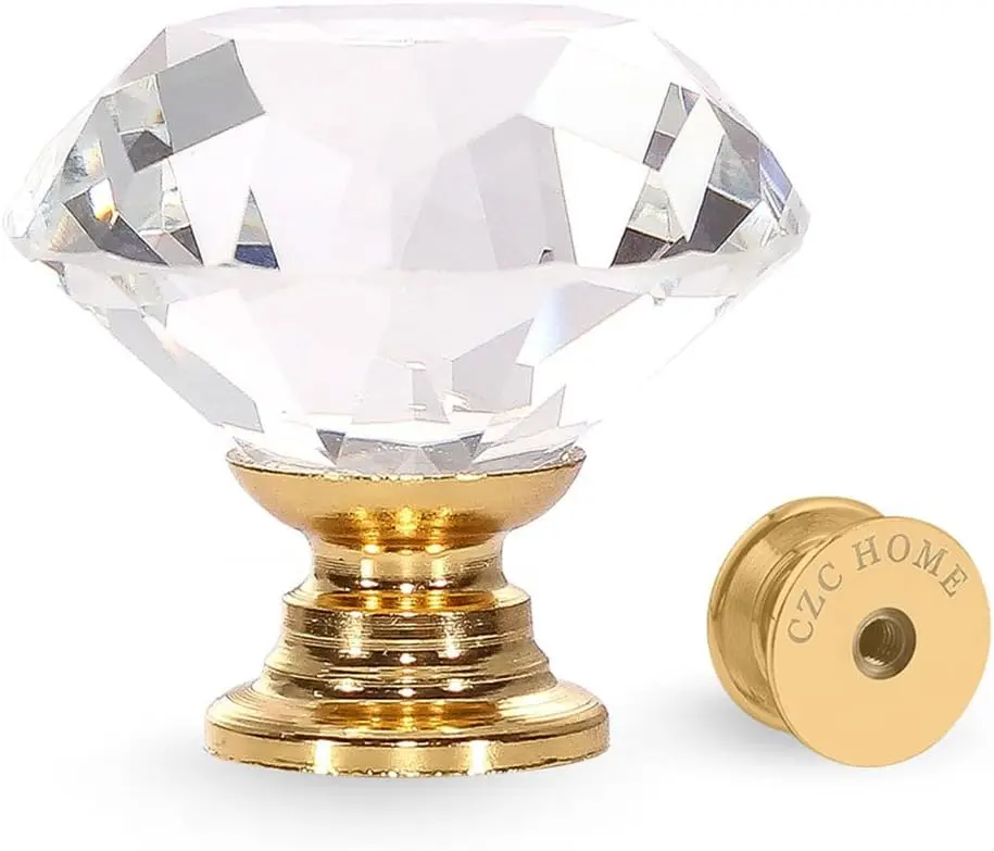 10 PCS Polished Diamond Crystal Glass Pull Handles - 30mm (0.98inch) Gold Knobs for Indoor Kitchen Cabinets, Bedroom Closet, Nightstand, Mirrored Furniture