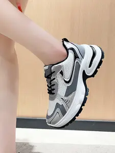 Women's Breathable Mesh Sneakers, Thick Sole Design, Simple Line Art, Elevate Height & Slim Fit, Casual Summer Footwear