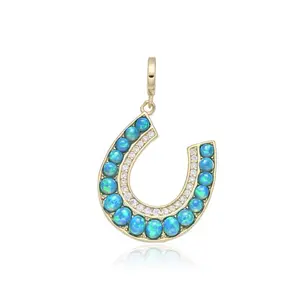 Opal Horseshoe Charms with Blue Opal Stones and Gold Plated Edge for Lucky Jewelry