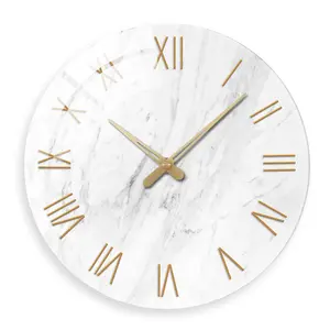 ConstantPlanet Large 12–24 inch White Glass Wall Clock, Marble Texture Finish, Silent Quartz Movement, Battery Powered, Thickened 4 mm Tempered Glass, Durable and Long-lasting, Suitable for Living Room, Bedroom, Office Decor, Frameless Decorative Piece Id