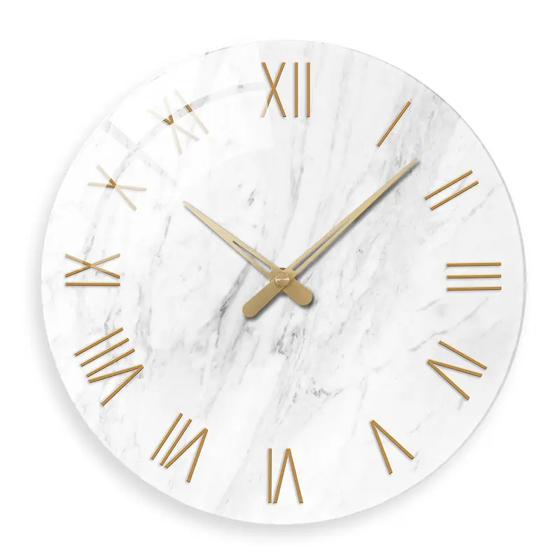 ConstantPlanet Modern Frameless Round Glass Analog Wall Clock, 12-24in Large, 4mm Thick White Tempered Glass, Marble Texture, Silent Quartz Movement, Battery-Powered, Hollow Metal Wall Mount, Durable Home Decor for Living Room, Bedroom