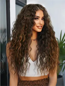 Deep Gradient Middle Part Long Curly Wig, Synthetic Curly Hair, Full Head Machine Made, Rose Net Small Curls Natural Smooth, All Seasons
