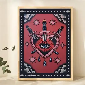 1pc Canvas Poster Art Deco Style - Traditional Tattoo Inspired Three Of Swords Design With Heart And Eye - Fantasy Art Print For Home Office, Bedroom, Living Room Decor - Ink Wall Hanging Decor