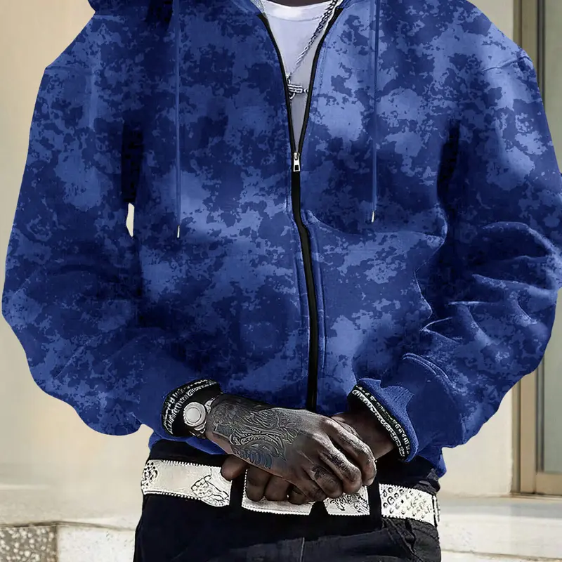 Men's Fitted Athletic Full-Zip Long-Sleeve Graphic Hoodie Sweatshirt - Tie Dye Cross Print, Pull-On Drawstring Hood, Kangaroo Pocket, Dry Clean - Outdoor Sporty Chic Top for Spring, Autumn Streetwear
