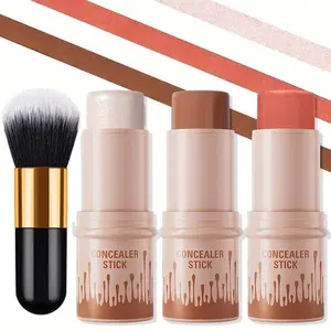 Hellokiss 3-Piece Cream Makeup Set - Waterproof Blush, Highlighter & Multi-Balm Stick with Brush, Buildable Medium Coverage with Plant-Derived Squalane, Flawless Festive Look for Halloween, Thanksgiving & Christmas