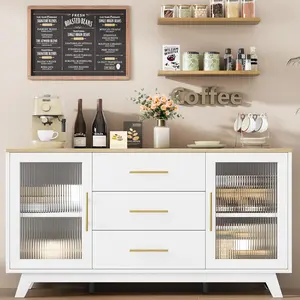 56 Inch Buffet Cabinet Sideboard with Fluted Glass Doors and Gold Handles,Modern Sideboard Storage with Adjustable Shelves,Coffee Bar Cabinet for Kitchen Dining Room Living Room Entryway,Natural+White