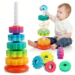 Rotating Tower Toy, Early Learning Parent-Child Interactive Puzzle, Cognitive Development Color Recognition Toy, Rainbow 5-in-1 Rotating Tower with Colorful Gears and Spinning Base - Interactive Educational Toy, Enhances Motor Skills, Hand-Eye Coordinatio