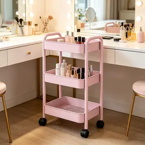 3-Tier Rolling Kitchen Storage Cart with Wheels - Multifunctional Organizer with Racks, Frosted Acrylic Mirror, Metal Bathroom Organizer, Wedding Card Box for Kitchen Snacks, Seasonings, Ingredients