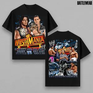 WWE Shawn Michaels vs Bret Hart Wrestle Mania 17 Washed T-Shirt | Vintage Graphic Design | Iconic Wrestling Print | Classic Fan Apparel Cotton Fabric