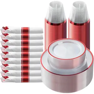 175-Piece Red Plastic Tableware Set for Parties Transparent disposable plates for 25 guests, including: 25 plastic dinner plates, 25 dessert plates, 25 pre-rolled napkins (with cutlery set), 25 cups.