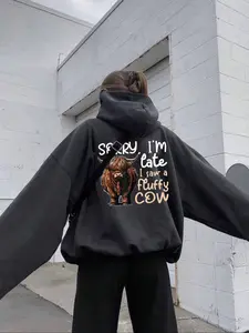 Women's Hooded Sweatshirt with Letter, Graphic and Highland Cow Print, Casual Loose Fit Pocket Top, Fall & Winter Street Style