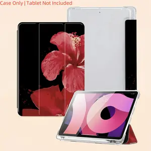 Black Background with Red Hawaiian Flowers, Tri-Fold Flip Cover, Pen Slot, Drop-Proof Tablet Protective Cover, Suitable for Case for Ipad Air4Th/Air5Th (10.9-Inch)7/8/9Th (10.2-Inch)5Th/6Th/Air1/Air2 (9.7-Inch)Air3Rd  10th Gen Computer Protection