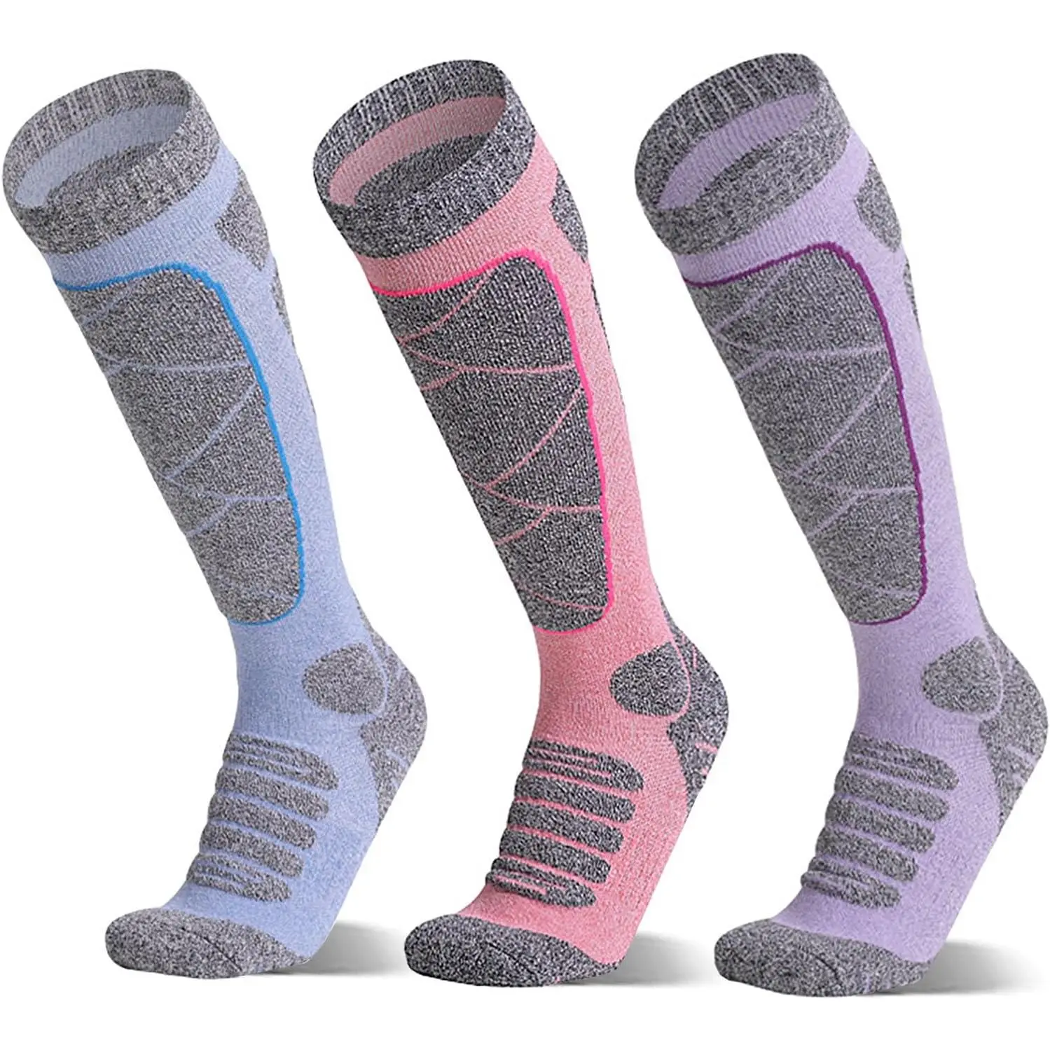 Unisex 3-Pair Merino Wool Knee-High Ski Socks Set Pack, Thick Warm Thermal Winter Socks for Skiing