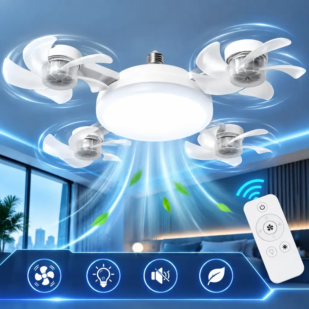 Indoor Recreation 2-in-1 E27 Base Compact LED Lamp with 4 Position-Adjustable Fan Modules, Ceiling-Mounted Easy-Install Fixture for Home Lighting & Airflow Control