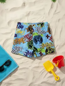 Boys' Game Controller Graffiti Full-Print Quick-Dry Beach Pants, Casual Swim Trunks for All Seasons, Slim-Fitting Short Swimwear
