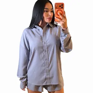 Valentine Collection Long Sleeve Blouse Mini Shorts Studs Detailed Set