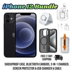 Restored Apple iPhone 12 64GB Black Fully Unlocked Bundle: Bluetooth Headphones, Phone Case, Screen Protector, 3-in-1 Charger & Wall Charger (Refurbished)