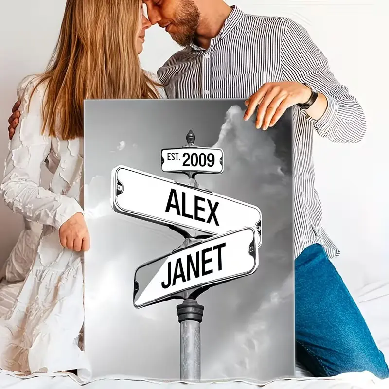 Customizable Framed Couple's Street Sign Photo Print - 2D Flat Poster, Personalized Names & Date, Original Image, Valentine's Day Gift, Bedroom Wall Decor, Balcony/Kid Room Ornament, Vintage Home Office Supply, Christmas