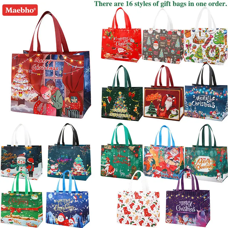 Non-Woven Christmas Gift Bags, 16-Pack Assorted Santa/Snowflake/Reindeer Patterns - Durable, Reusable, Washable Festive Party Supplies for Holiday Favors, Small Presents,Assorted Pattern Christmas Gift Bags