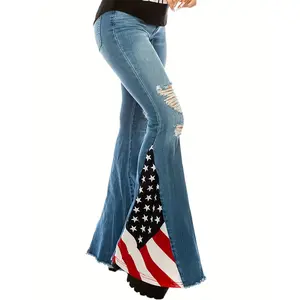 American Flag Patchwork Raw Hem Flare Leg Jeans, Ripped Vintage Retro Star Stripes Pattern Whiskering Bell Bottoms Denim Pants, 4th Of July Independence Day Outfit, Women's Denim Jeans & Clothing