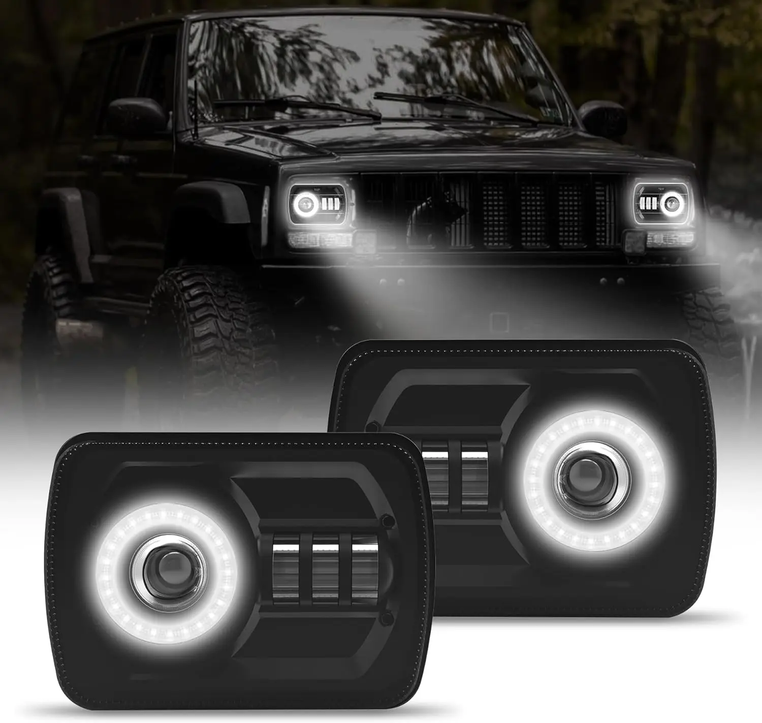 2Pcs Rectangle 5×7 7×6 Inch LED Headlights with Halo DRL & Turn Signal High/Low Beam,Compatible For Cherokee XJ Wrangler YJ GMC Dodge Kenworth T300 Replacement H6054 H5054 6052 (White Halo)