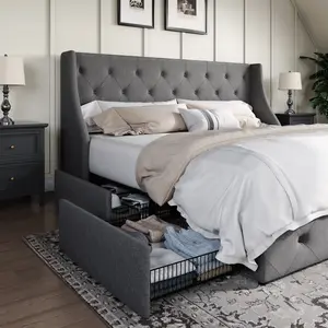 HOOMIC Upholstered Platform Bed Frame【Frame Only No Mattress】 with 4 Storage Drawers and Wingback Headboard,Button-Tufted Design,No Box Spring Needed,Full/Queen/King