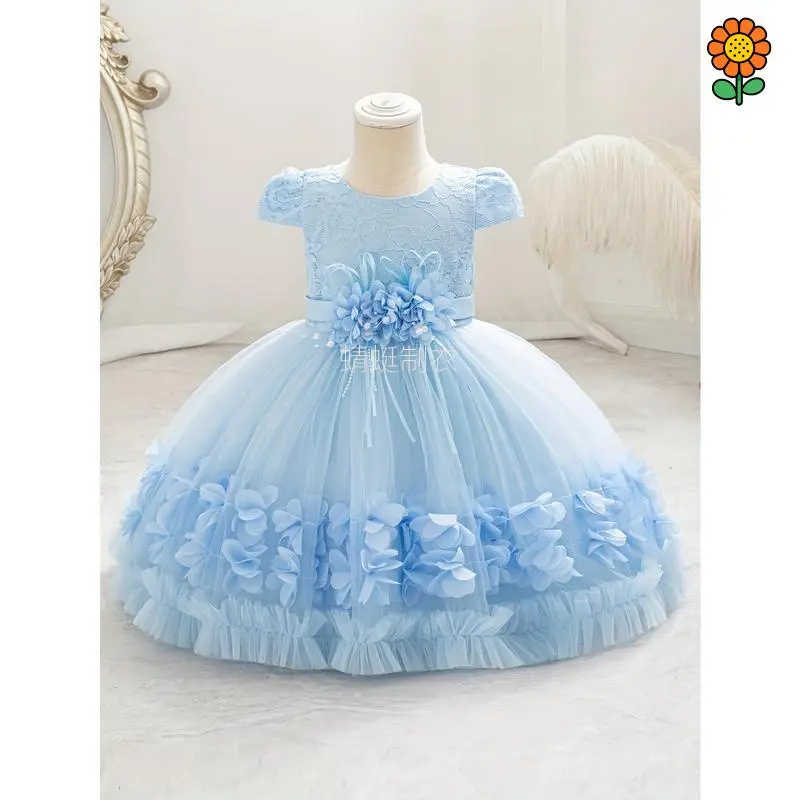 NewNewBaby's Elegant Flower Applique Tulle Princess Dress, Puff Sleeve Lace Gown, Toddler Girl's Clothing For Formal Occasion/Birthday Party/Photography/Banquet