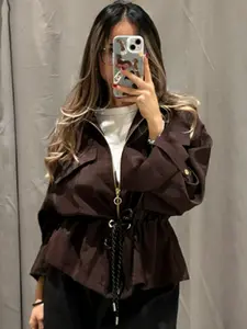 Brown Safari Bomber Jacket Women's Jacket Autumn Spring High Collar Zip Up Coat Cuffed Long Sleeves Adjustable Waist Outerwears Casual Streetwear & Daily Commutes Jacket Womenswear