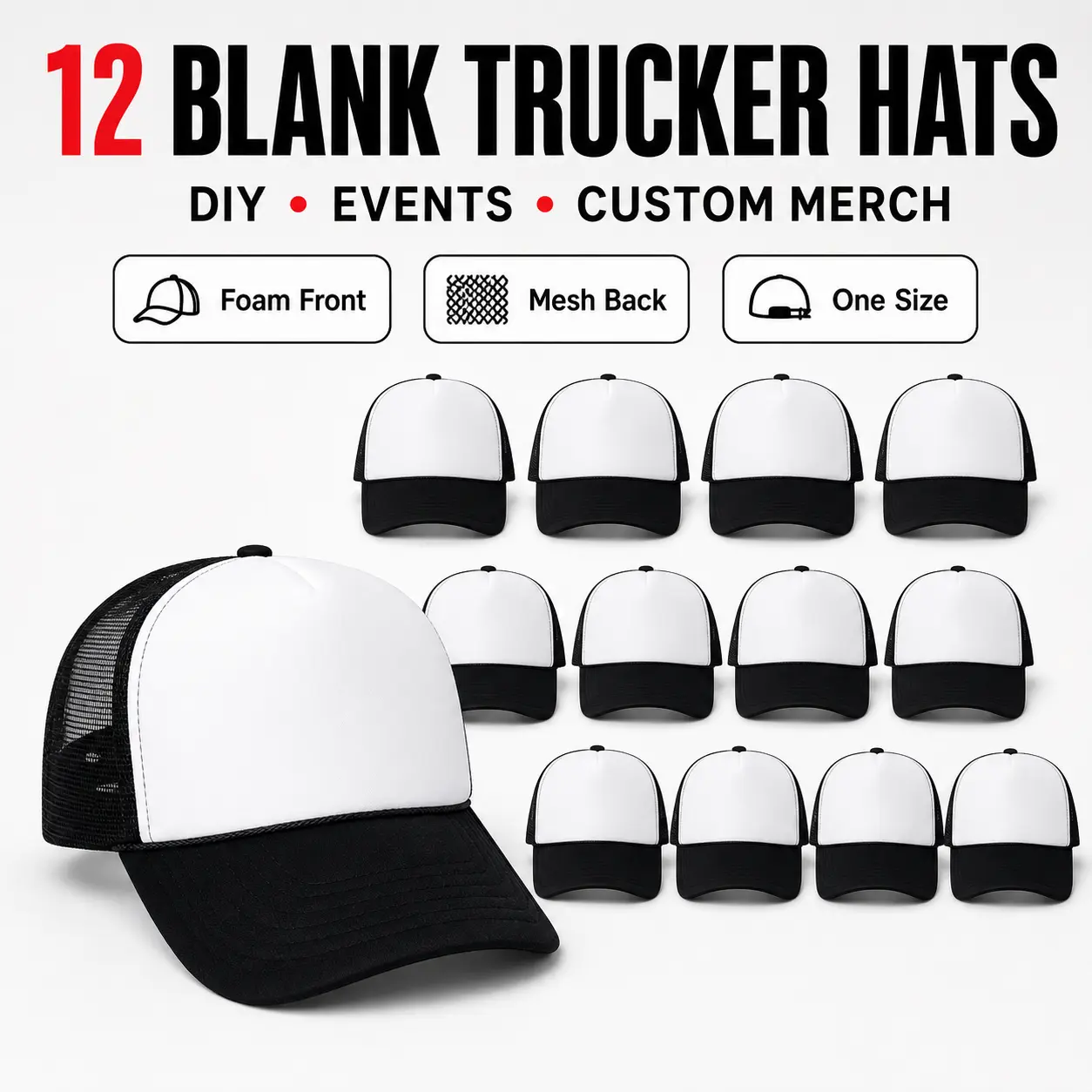 12-Pack Bulk Blank Trucker Hats - Women's Trendy Style, Black White Foam-Front Baseball Caps with Breathable Mesh Back, Adjustable Snapback for DIY Printing/Embroidery, Team Events Gifts, Trucker Hat, Women's Trucker Hat Fitted Hat Set