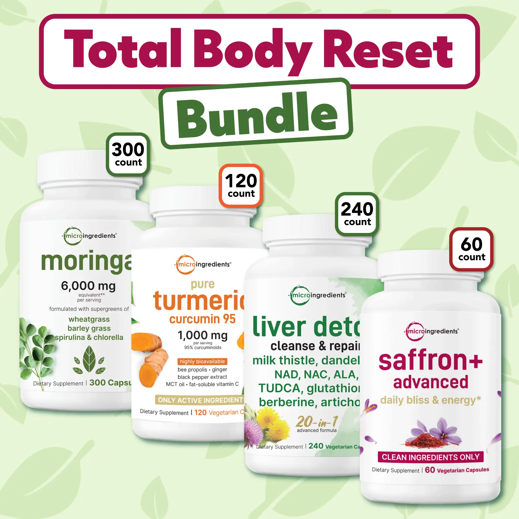Micro Ingredients Total Body Reset Bundle: Saffron Advanced, Turmeric Curcumin, Moringa & Liver detox