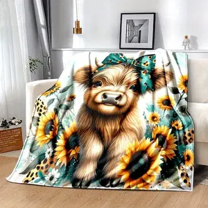 Reversible Cartoon Scottish Highland Cow Print Flannel Throw Blanket - All-Season Soft Flannel, Non-Woven, Country-Rustic Style, Bed, Sofa, Or Travel Blanket