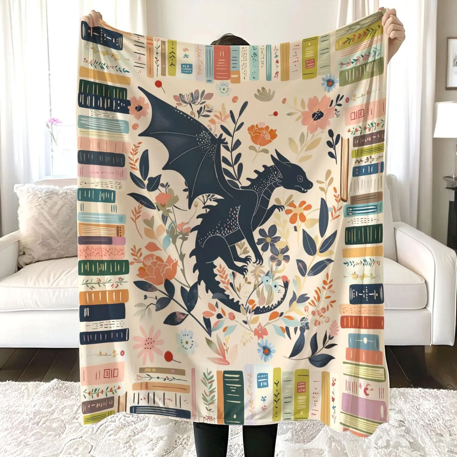 Classic Soft Vintage Fantasy Dragon Book-Inspired Blanket, Boho Abraxos Floral Print Quilt, Cottagecore Reading Decor, Machine Washable Special Occasion Gift for Fantasy Book Enthusiasts
