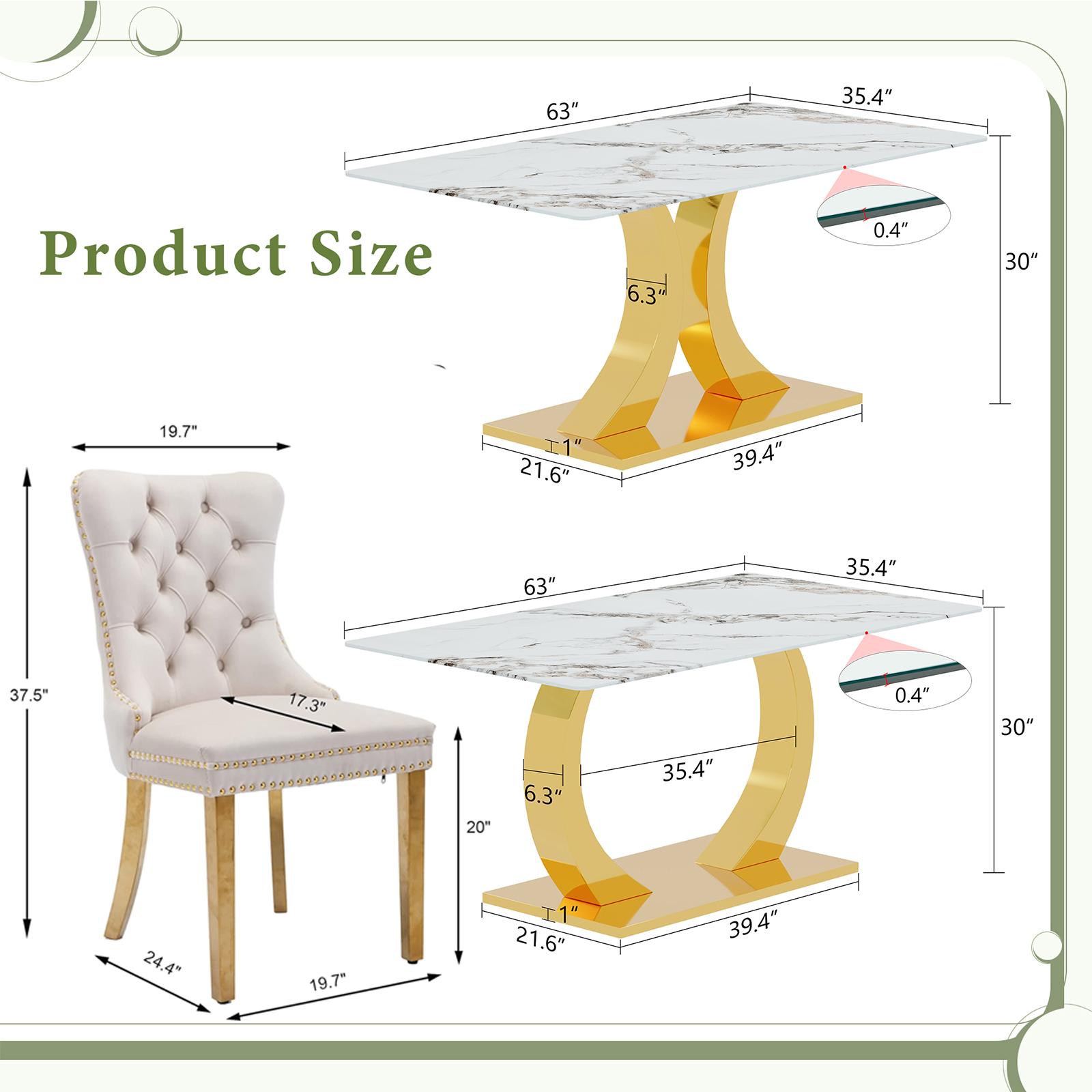Dining Table Set for 6,Kitchen Table Chairs Set of 6,Modern Rectangular Dining Room Set 63" White Tempered Glass Top with Adjustable Stainless Steel Base,Velvet Upholstered Chairs,Golden Stainless Steel Plating Legs,Suitable for Dining Room,Office,Kitchen