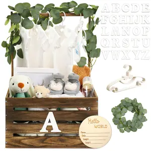 Wooden Baby Shower Crate Closet Baby Basket with Handle Baby Announcement Sign Garland Baby Hangers Large Letter, Wooden Gift Crate, Letters for Pregnancy New Parent Party(Brown)