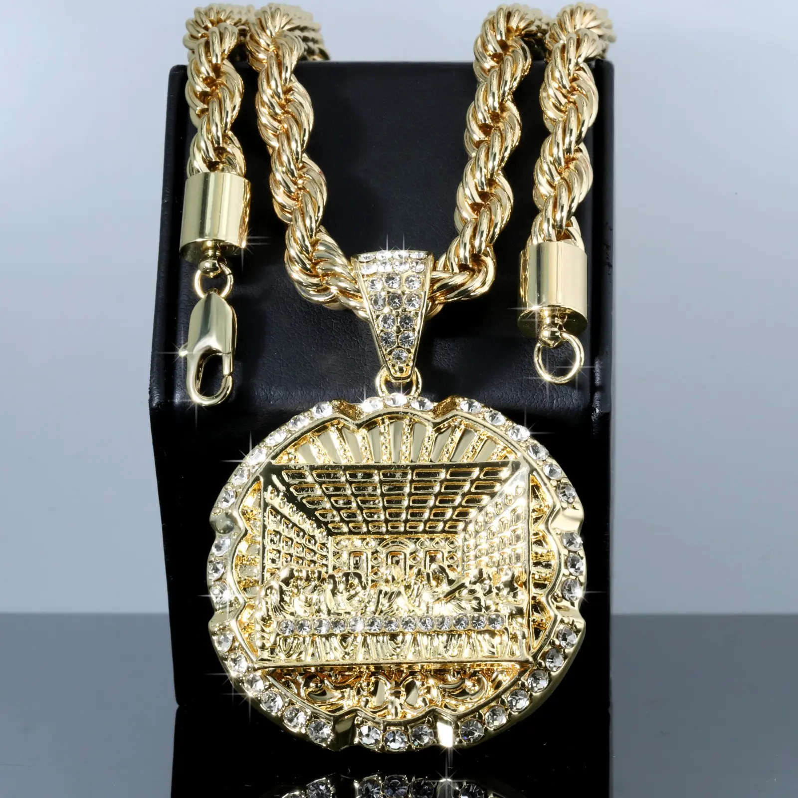 MaxBling81 Men's Religious Jesus Last Supper CZ Medal Pendant Necklace - Men's Jewelry, Unisex Exquisite Gift, Large Iced Cubic Zirconia Jesus Last Supper Design, 8mm  24" Thick Rope Chain, Exquisite Jewelry Gift, Chains