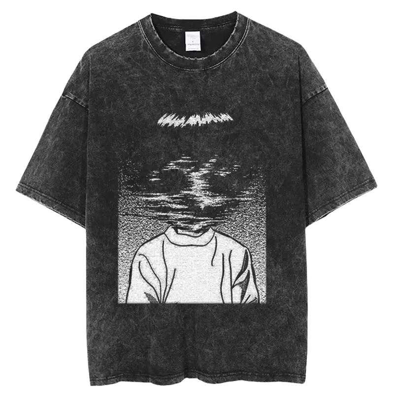Men's Vintage  Washed Short-Sleeve Round Neck T-Shirt - Menswear Casual Streetwear, Japanese High Street Hip-Hop Brand Top, Shortsleeve Black Crewneck
