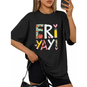 Fri-Yay! Women's Fun Friday Teacher T-Shirt – Colorful Letter Print with Floral & Elements, Soft , Round Neck, Short Sleeve, Stretch Fabric, Casual Summer Top for Teachers &, Event Attire