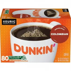 Dunkin' Colombian Coffee, K-Cup Pods, Medium Roast, 10/Box, 8 Boxes/Carton