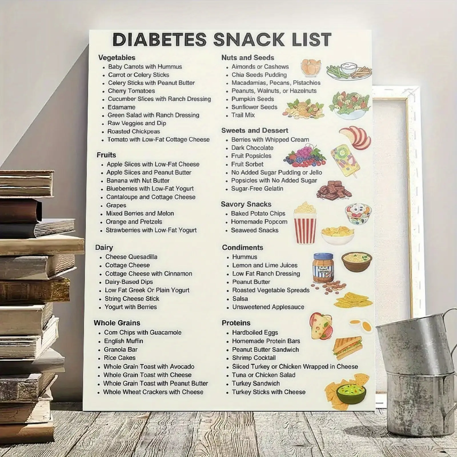 1pc English Frame-Style Pine Wood Framed Diabetes Snack List Canvas Poster - Indoor Educational Diet Guide with Illustrated Healthy & Unhealthy Foods for All Ages Kitchen, Classroom Decor