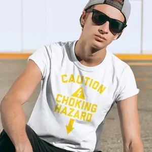 t-shirt humor Funny Caution Choking Hazard Graphic T-Shirt - Bold Yellow Lettering & Vintage Worn Effect - 100% Heavy Cotton Classic Fit Tee statement Crewneck Menswear streetwear crewneck tee casual adult