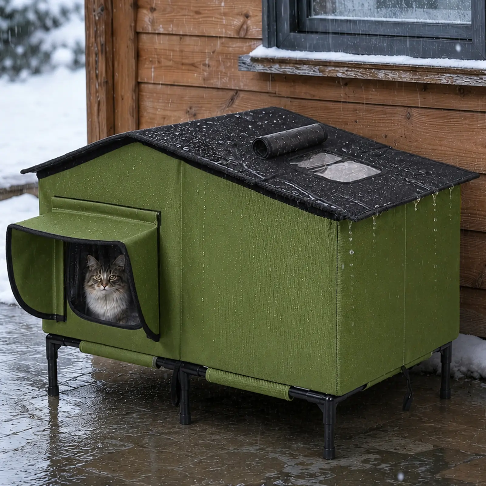 25.6''×15.7''×22'' Outdoor Cat House, Foldable Pet Shelter, All-Weather Protection, Insulated & Waterproof, Escape Door, Backyard Stray Cat House, Porch Pet Shelter, Weatherproof cat house, for Cats and Dogs, L