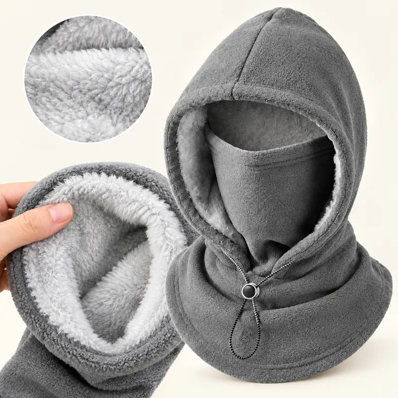 Unisex Cold Weather Fleece Balaclava Ski Mask - Thick Lined, Windproof Full Face Cover with Hood & Neck Gaiter, One Size for Outdoor Sports (Skiing, Snowboarding)