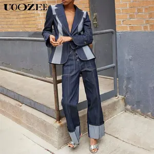 UOOZEE- LIVE Women's Long Sleeves Loose Contrast Color Split-Joint Deep V-Neck Jackets Outerwear High Waisted Straight Leg Contrast Color Split-Joint Jean Pants